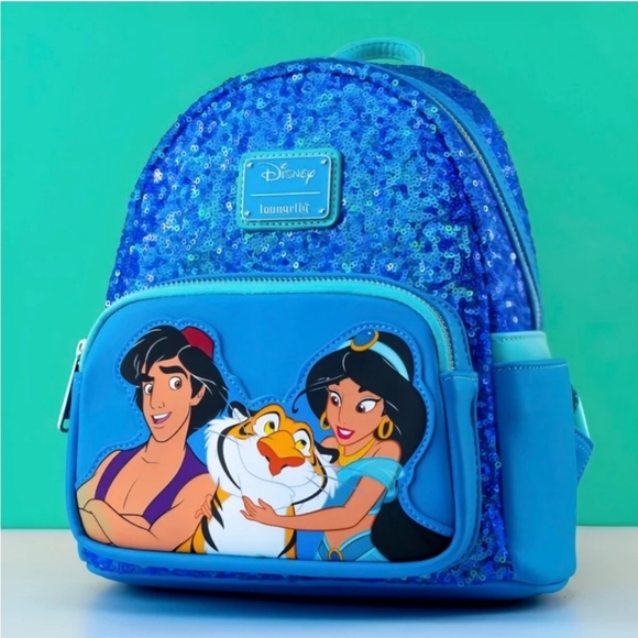 Loungefly Disney Aladdin, Jasmine and Rajah Blue Sequin Mini Backpack - Picture 1 of 4
